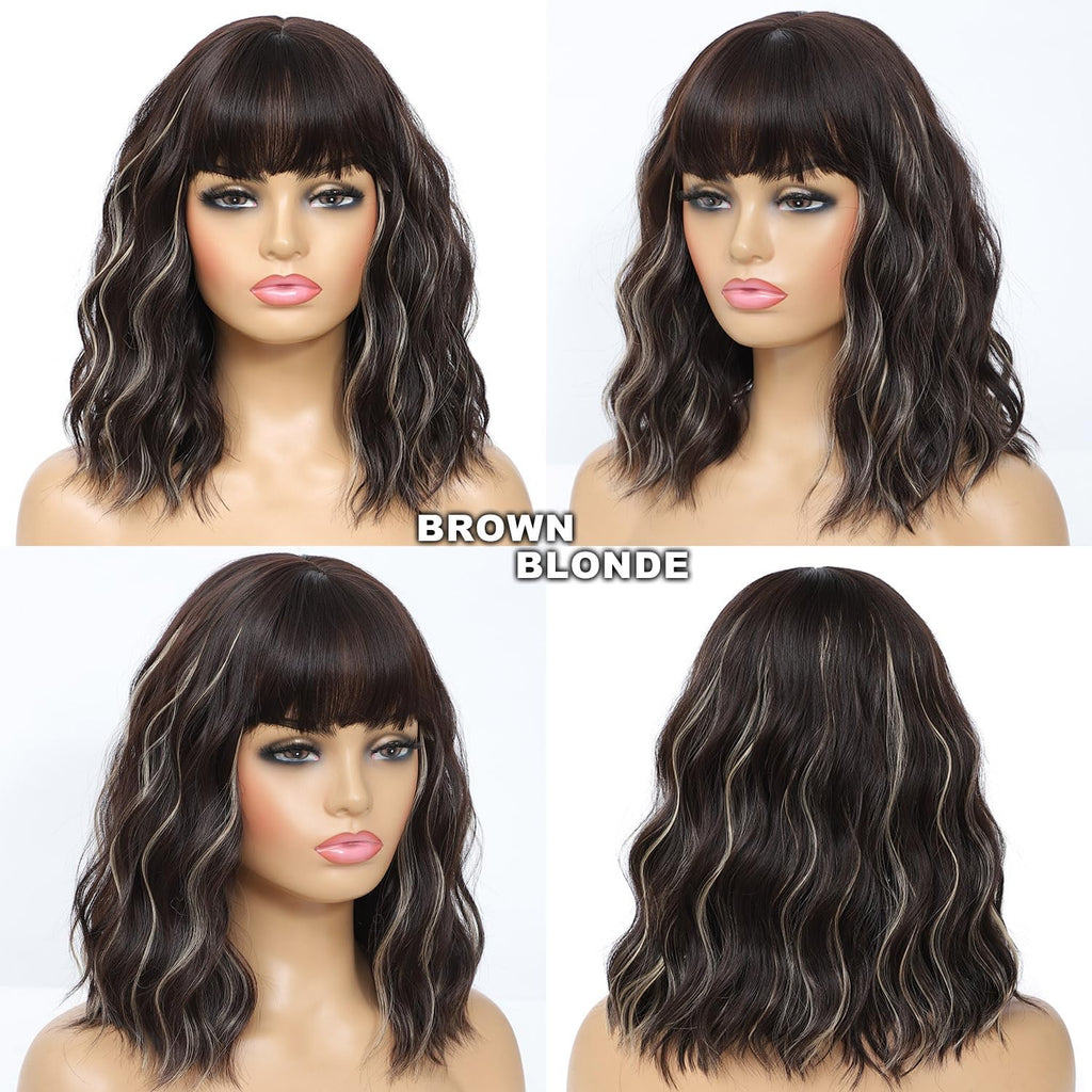 Blonde Highlight Bob Wig with Bangs for Women - Short Curly Wavy Synthetic Hair