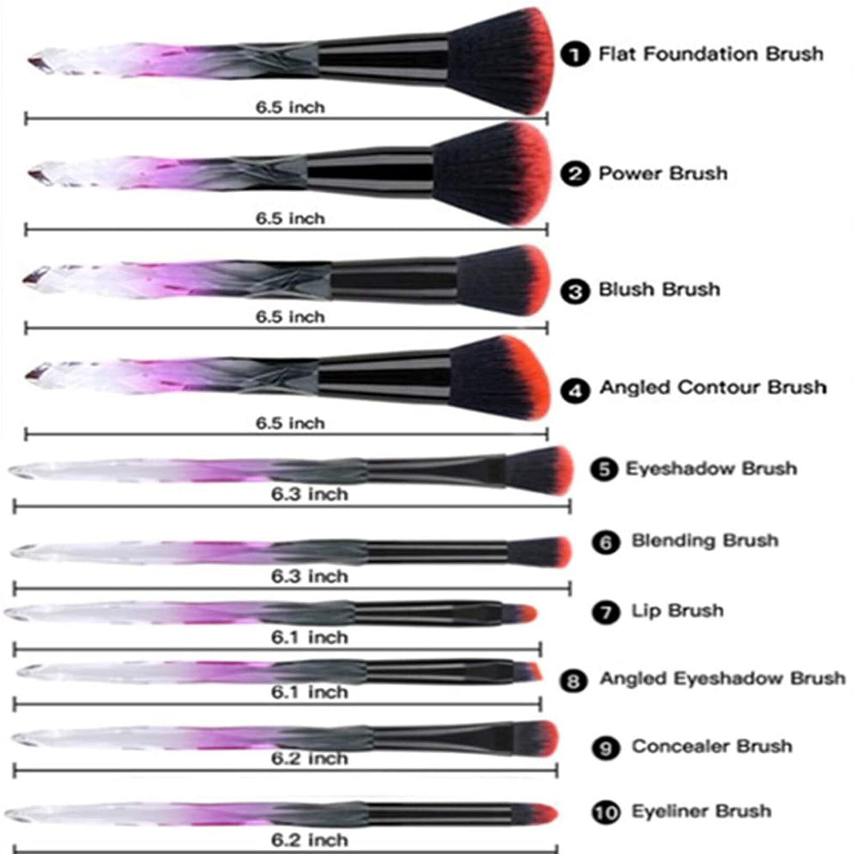 10pcs Makeup Brush Set with Crystal Handles - Foundation & Eye Shadow Brushes