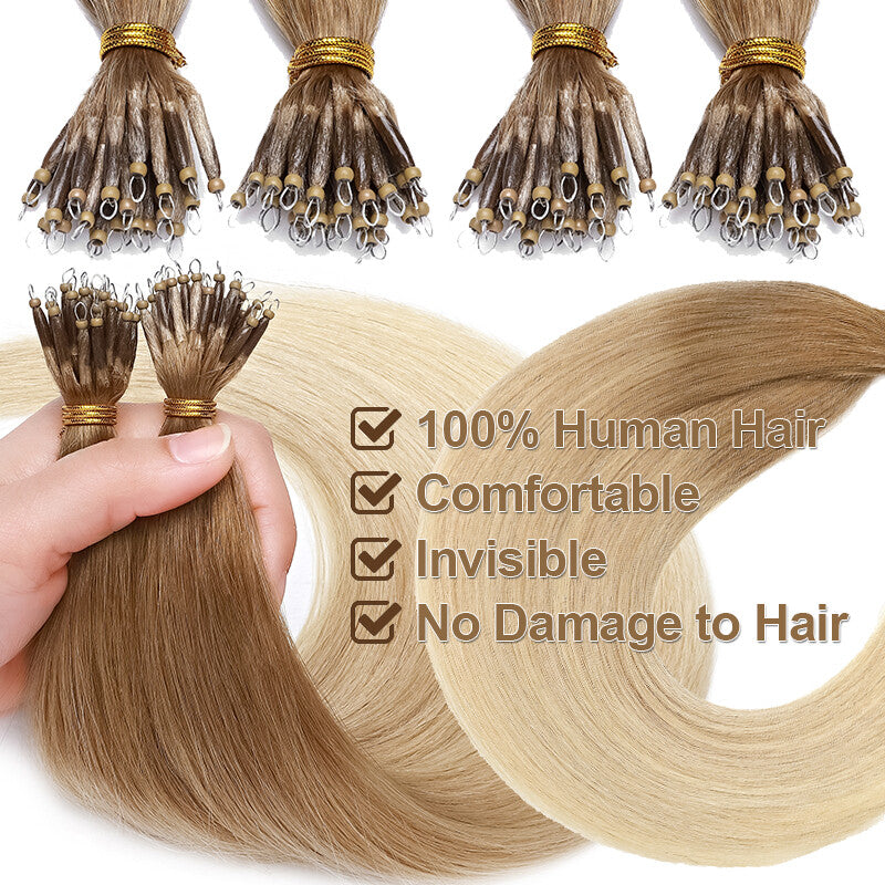 Nano Ring Remy Human Hair Extensions - Thick Highlight Balayage Ombre, 16-22 Inch Options