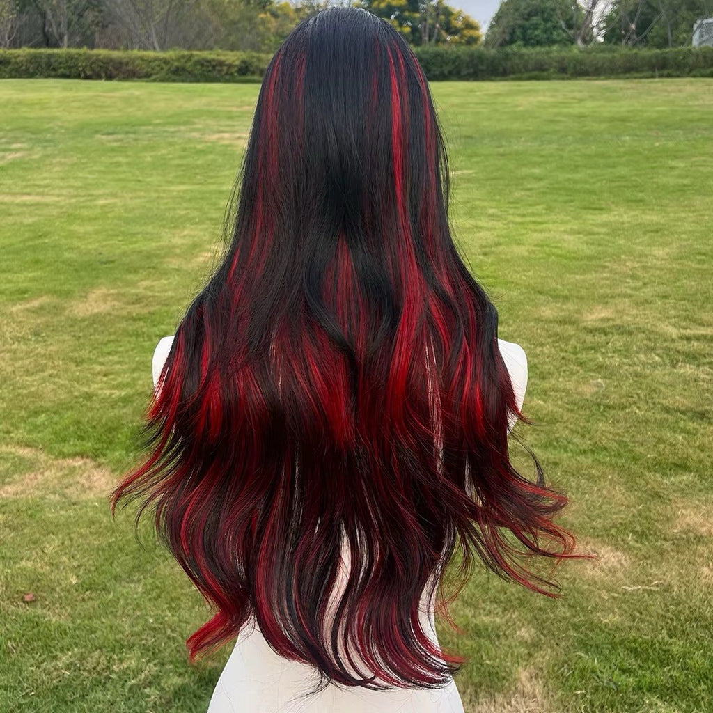 Long Wavy Lace Front Curly Wig with Red Gradient Highlights - 28 Inch Goth Style
