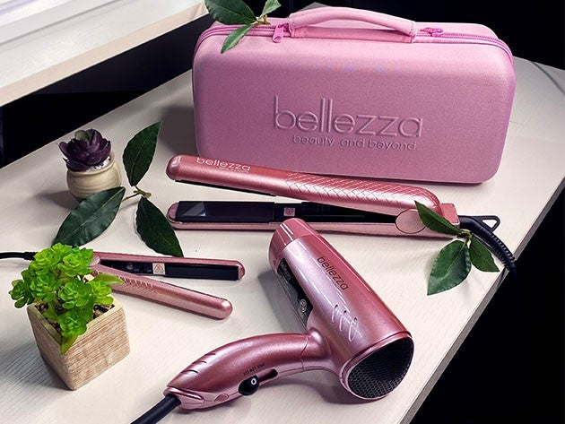 Travel Hair Dryer and Flat Iron Set - Dual Voltage Mini Blowout Kit with Carrying Case