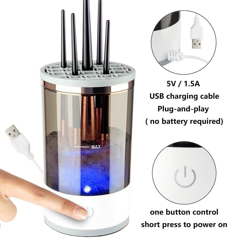 Electric Makeup Brush Cleaner Machine with Cleaning and Drying Function - Black and White