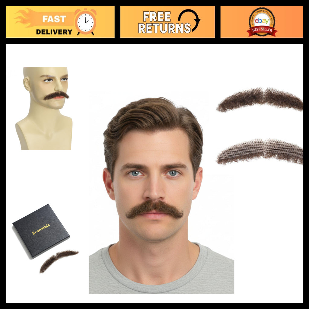 Realistic Thick Fake Mustache with Human Hair - Brown Costume Facial Hair Set