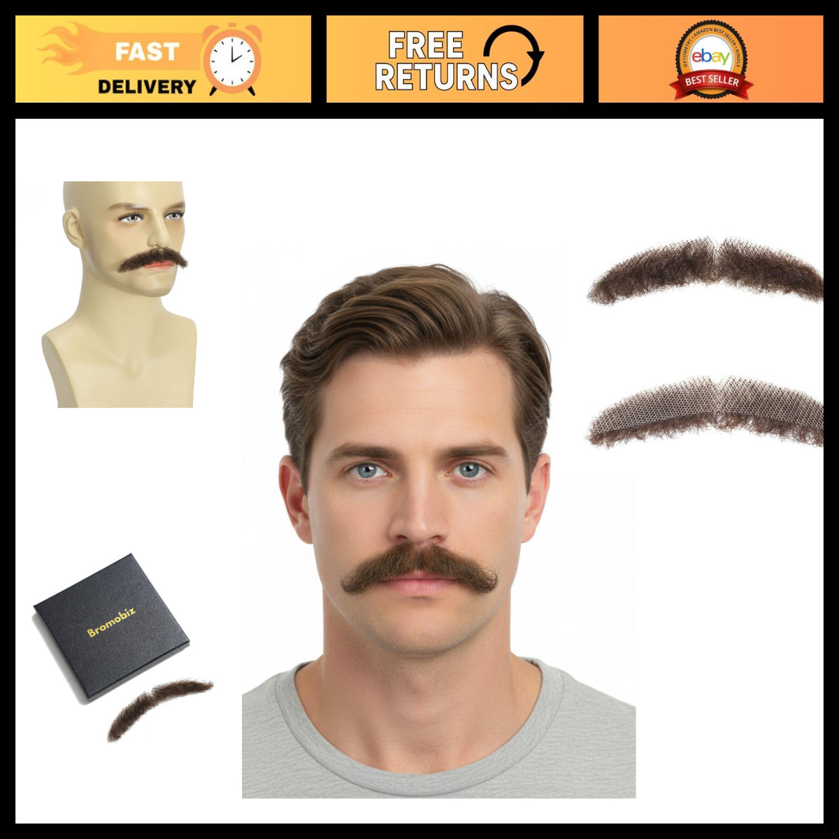 Realistic Thick Fake Mustache with Human Hair - Brown Costume Facial Hair Set