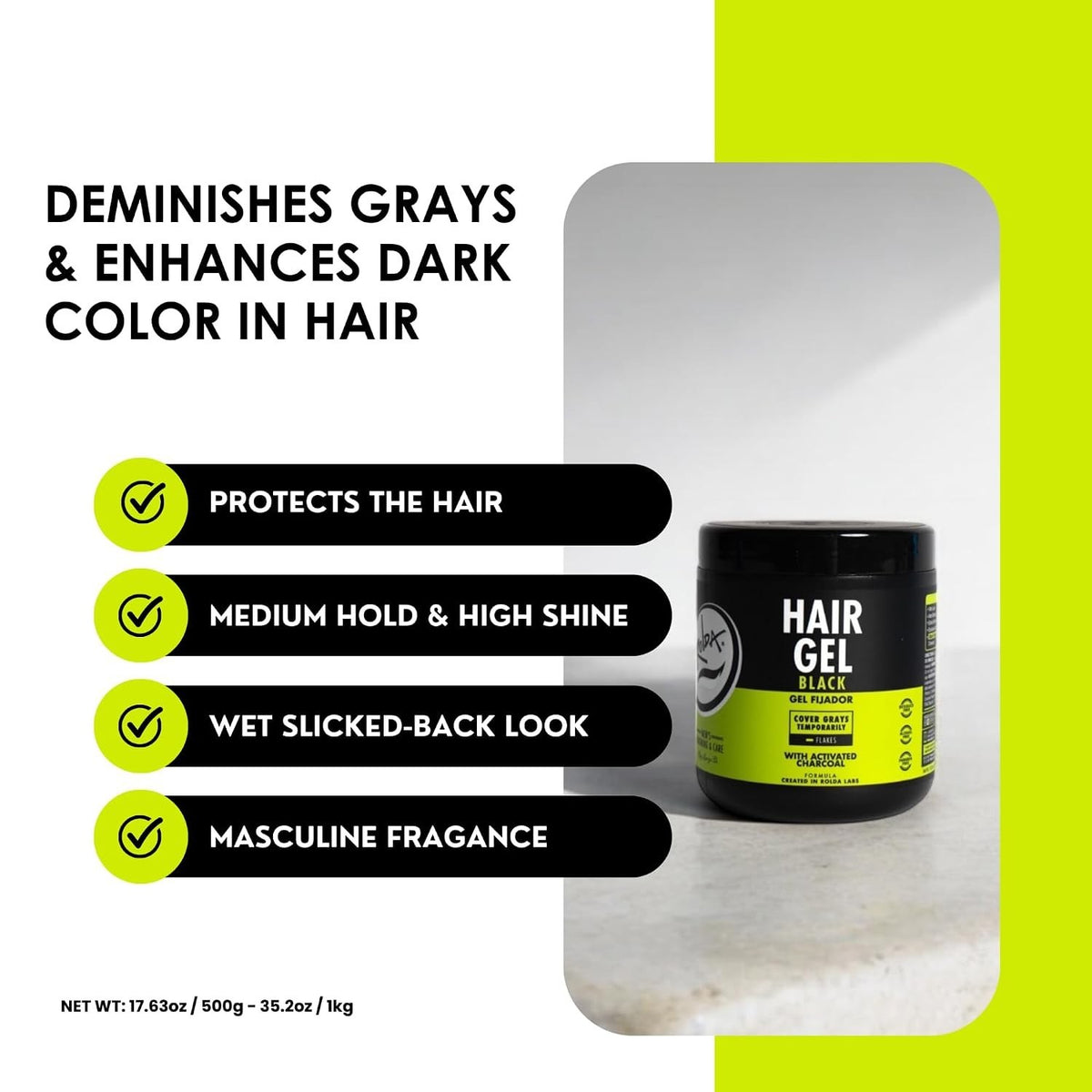 Black Hair Gel for Men - Medium Hold Styling with Activated Charcoal, 17.6 oz