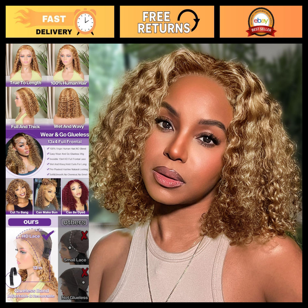 Deep Wave Ombre Honey Blonde Bob Lace Front Wig - 12 Inch Human Hair