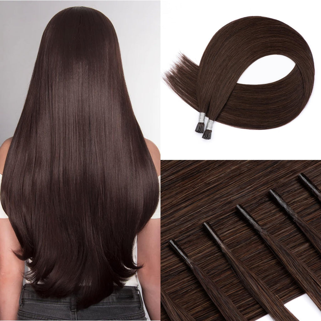 Human Hair Extensions 20 Inch Dark Brown Pre Bonded I Tip Hairpiece