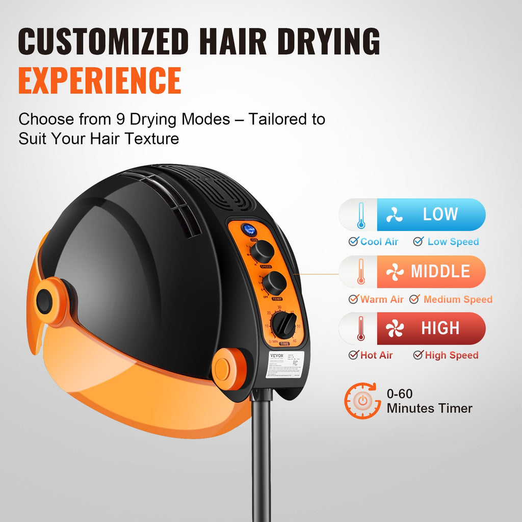 Ionic Hooded Hair Dryer 1875W with Negative Ion Technology, 9 Settings & Adjustable Height