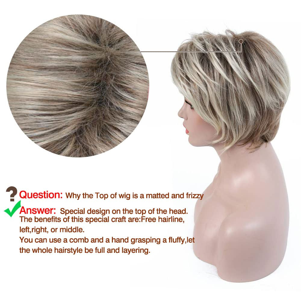 Short Blonde Brown Ombre Synthetic Wig - Curly, Adjustable Fit