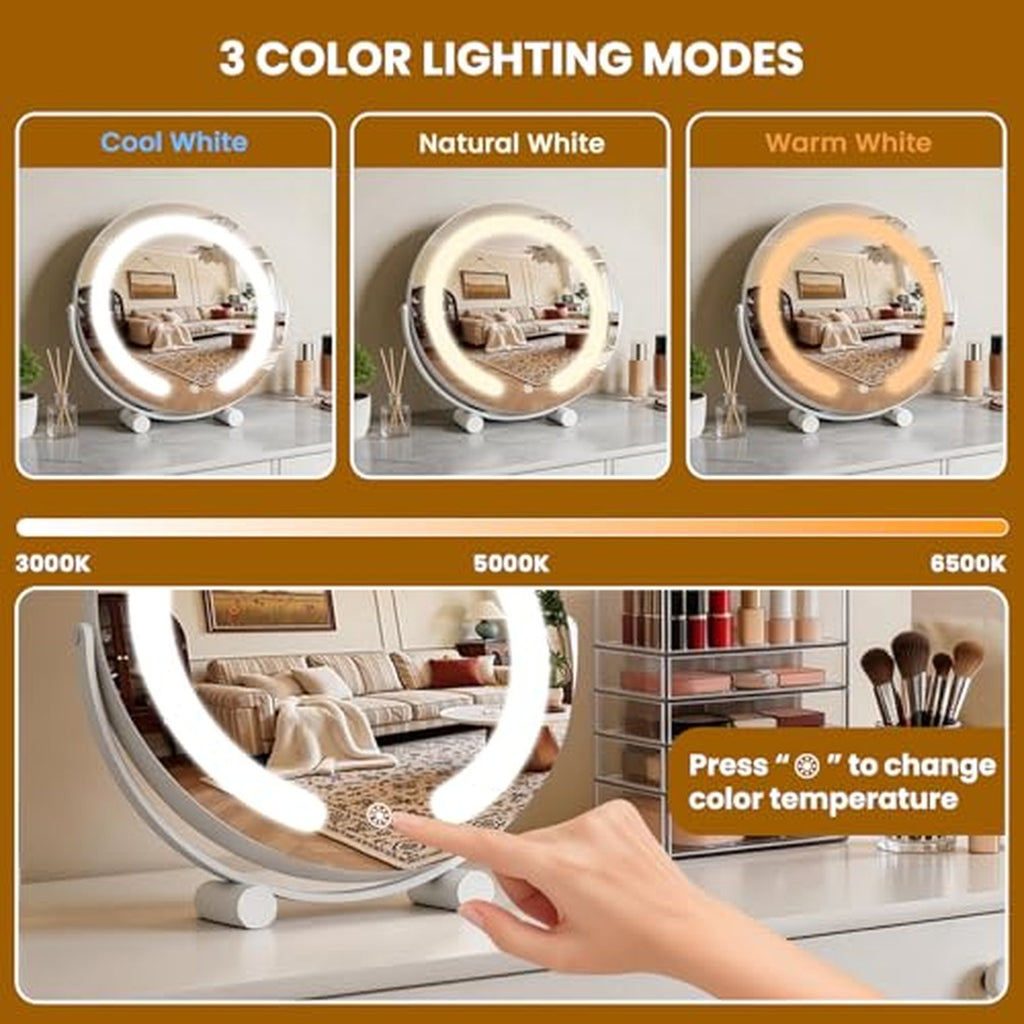 Vanity Mirror with Lights 12” LED Makeup Mirror with 3-Color Dimmable Lighting