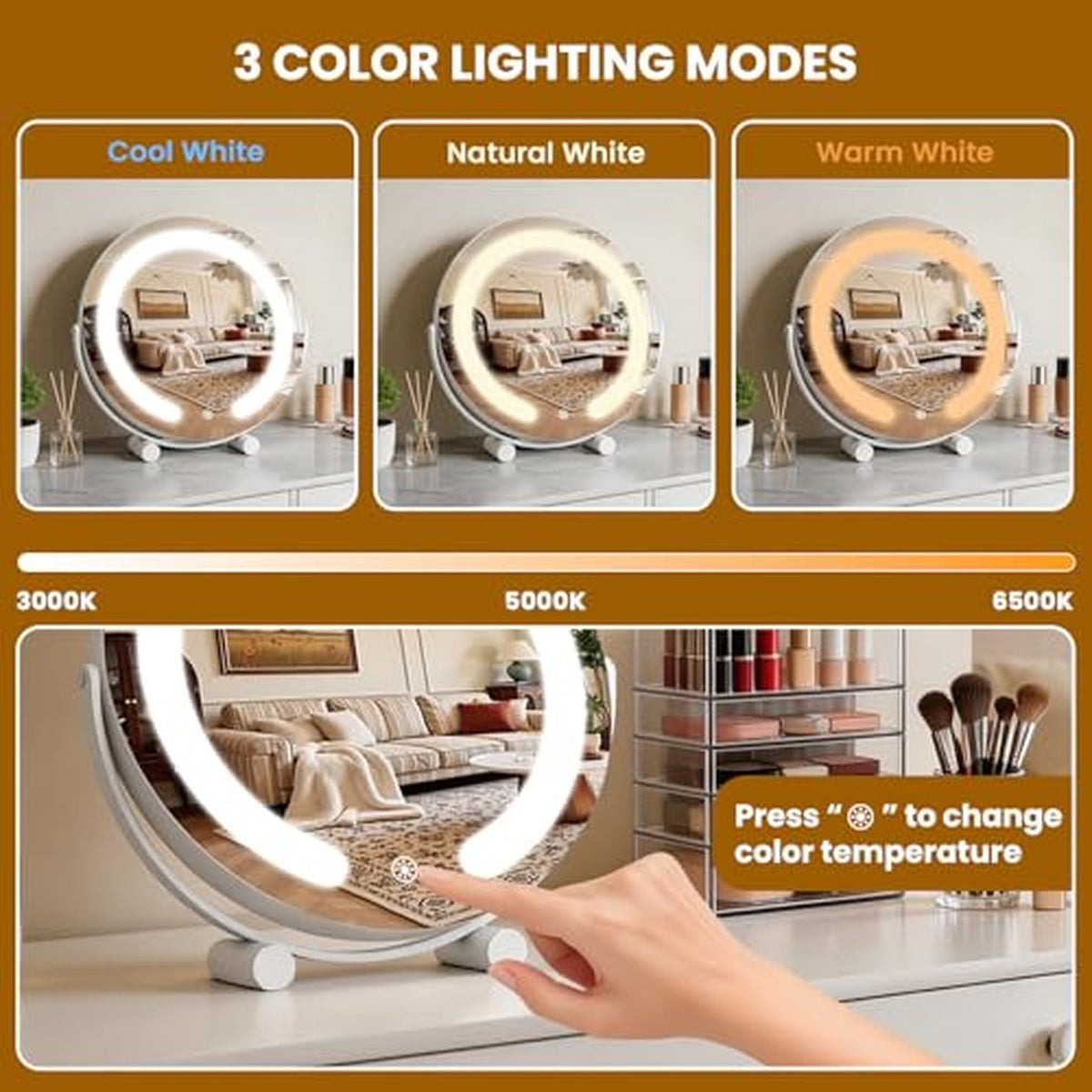 Vanity Mirror with Lights 12” LED Makeup Mirror with 3-Color Dimmable Lighting