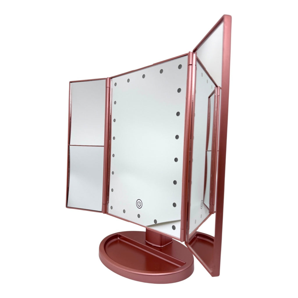 Tri-Fold Lighted Vanity Mirror with 22 LED, 1x 2x 3x Magnification, USB or Battery Powered, Rose Gold