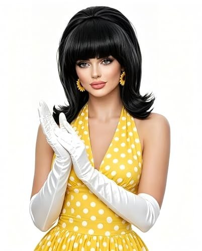 Short Black Wig with Bangs - Retro 80s Bouffant Beehive for Costumes & Halloween