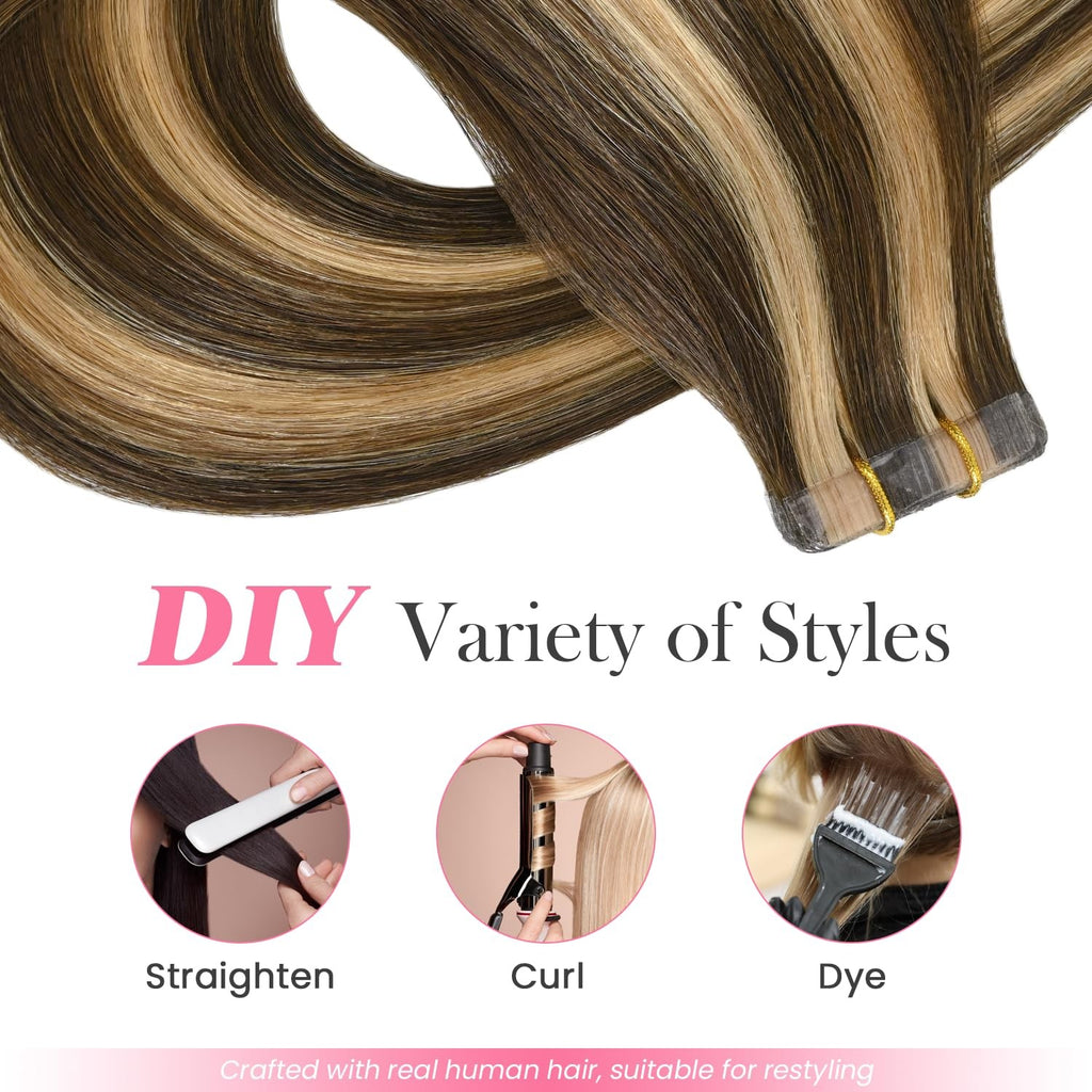 Highlight Chocolate Brown Caramel Blonde Tape-In Hair Extensions - Human Hair