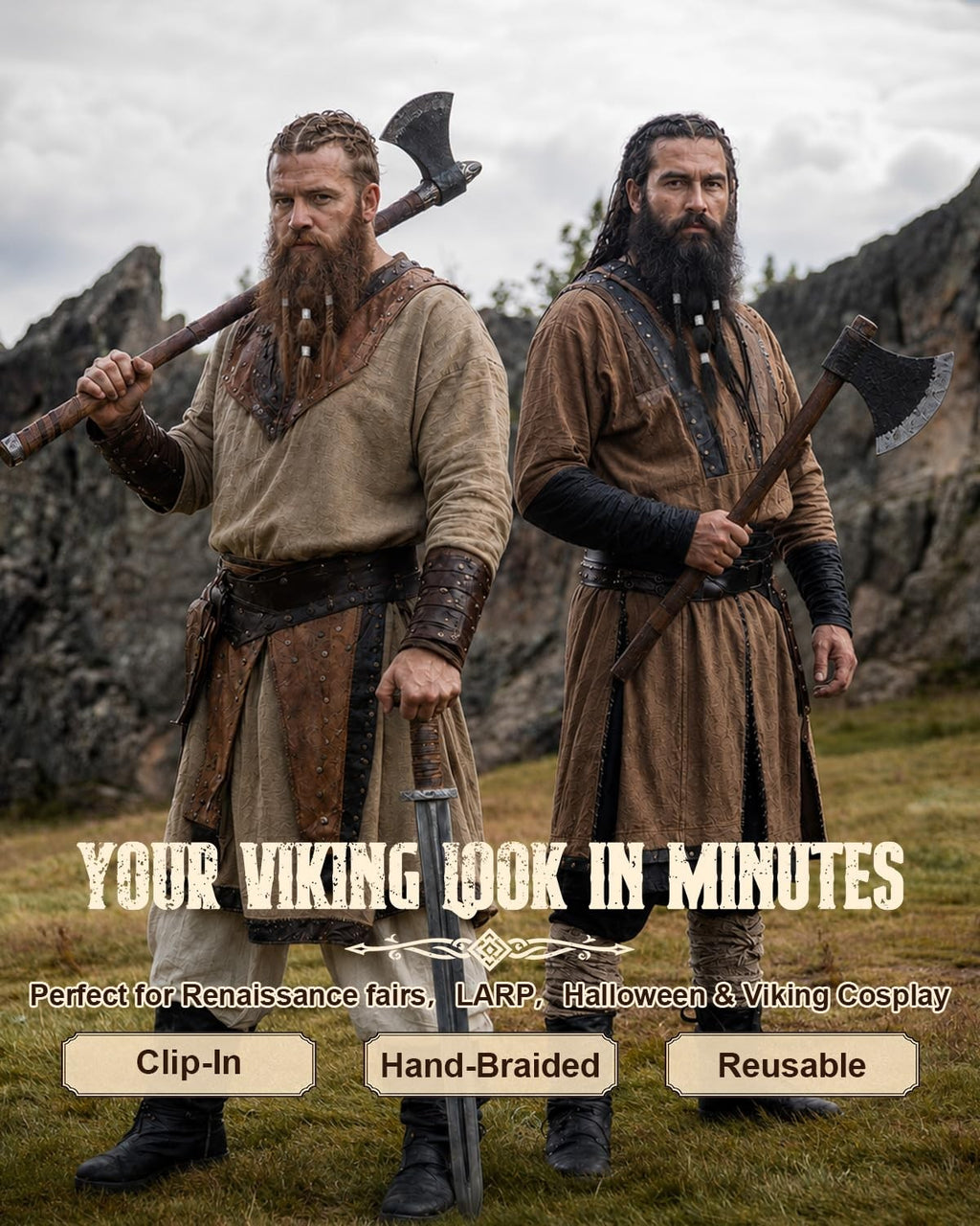 6-Inch Viking Beard Braids for Men, 3 Pcs Clip-In Facial Hair Extensions