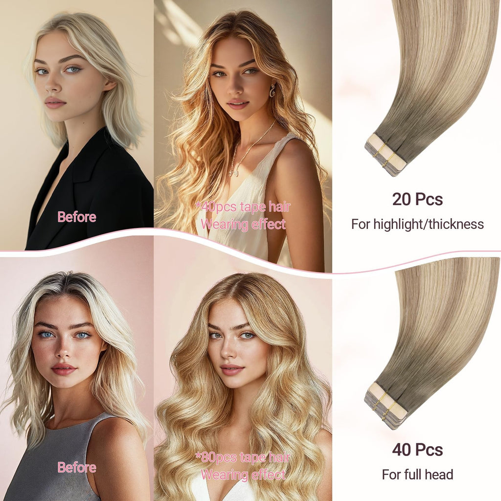 Remy Human Hair Tape-In Extensions 20 Inch 20pcs - Light Volume & Length