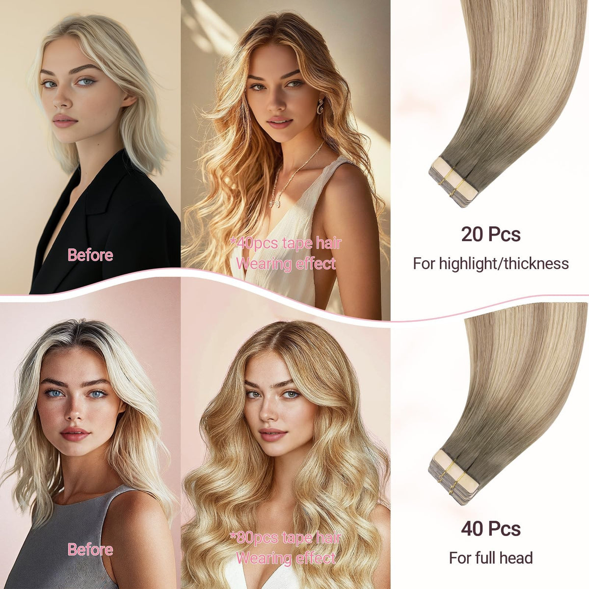 Remy Human Hair Tape-In Extensions 20 Inch 20pcs - Light Volume & Length