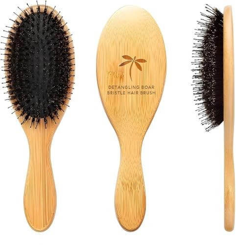 Boar Bristle Hair Brush for Detangling & Styling - Bamboo Oval Comb