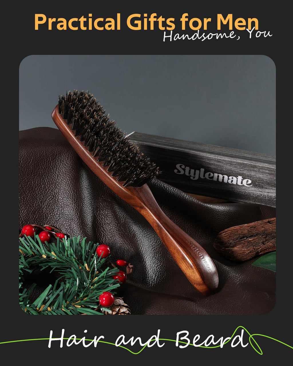 Men's Boar Bristle Hair & Beard Brush with Walnut Wood Handle - Smoothing & Styling
