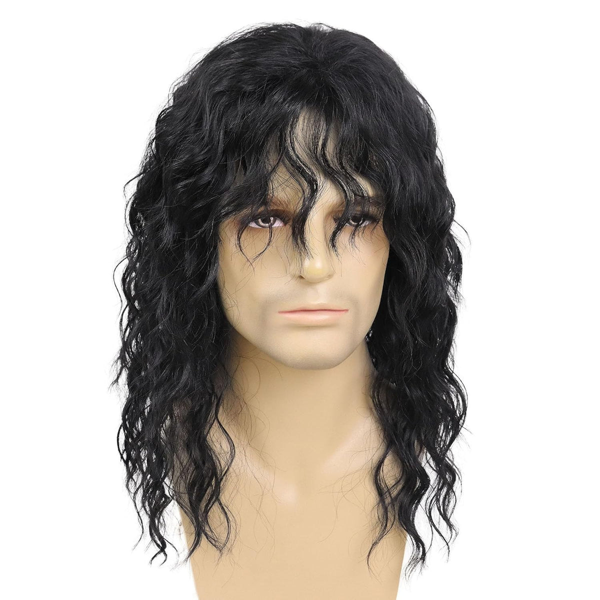 Men's 70s 80s Rocker Wigs Long Curly Black Costume Wig Halloween