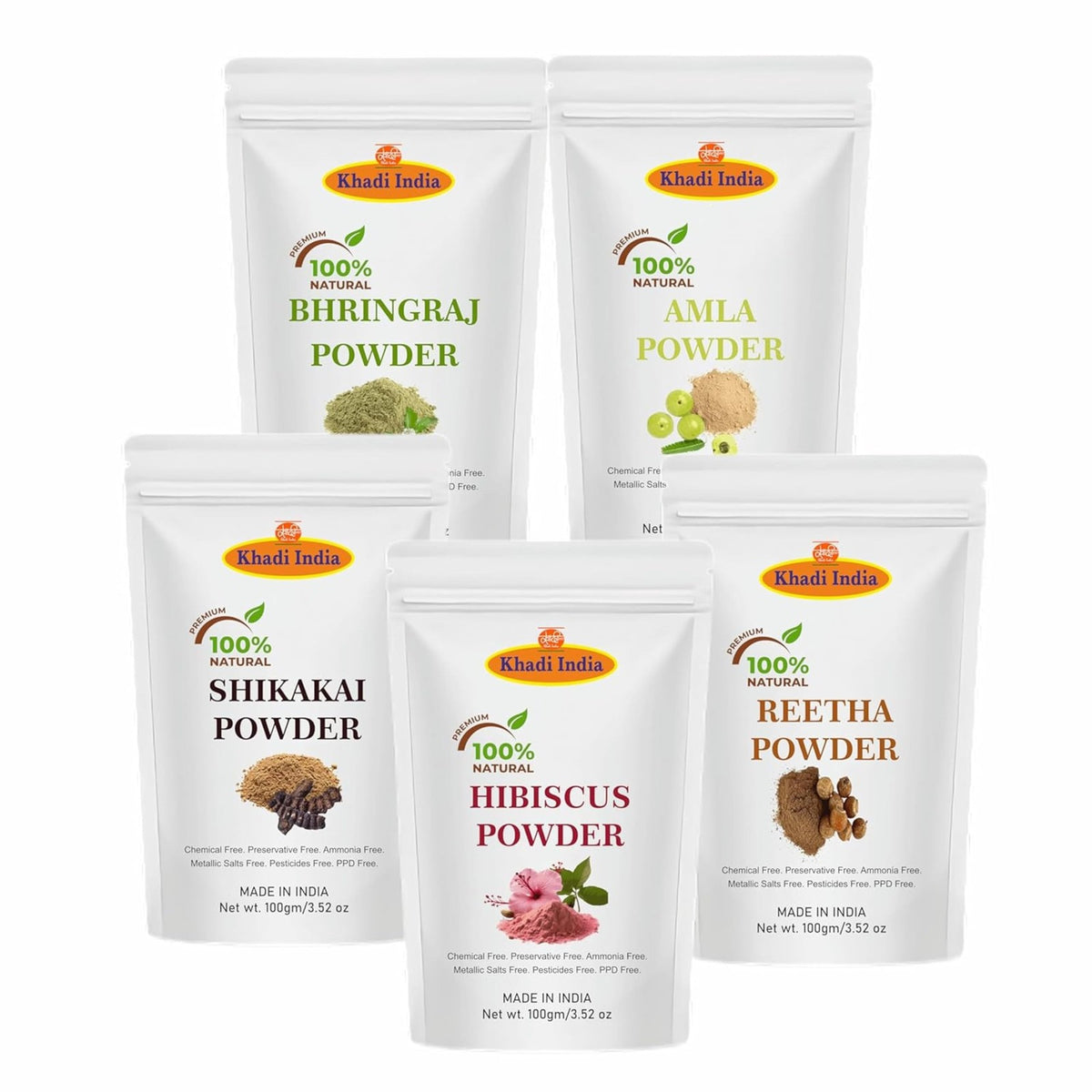 Herbal Amla Reetha Shikakai Bhringraj Hibiscus Hair Powder Pack of 5 - Natural Hair Care