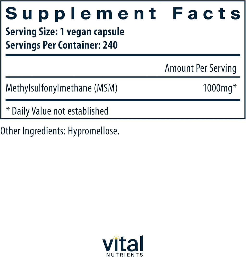 MSM 1000mg Organic Sulfur Capsules for Joint Support - 240 Vegetarian Capsules
