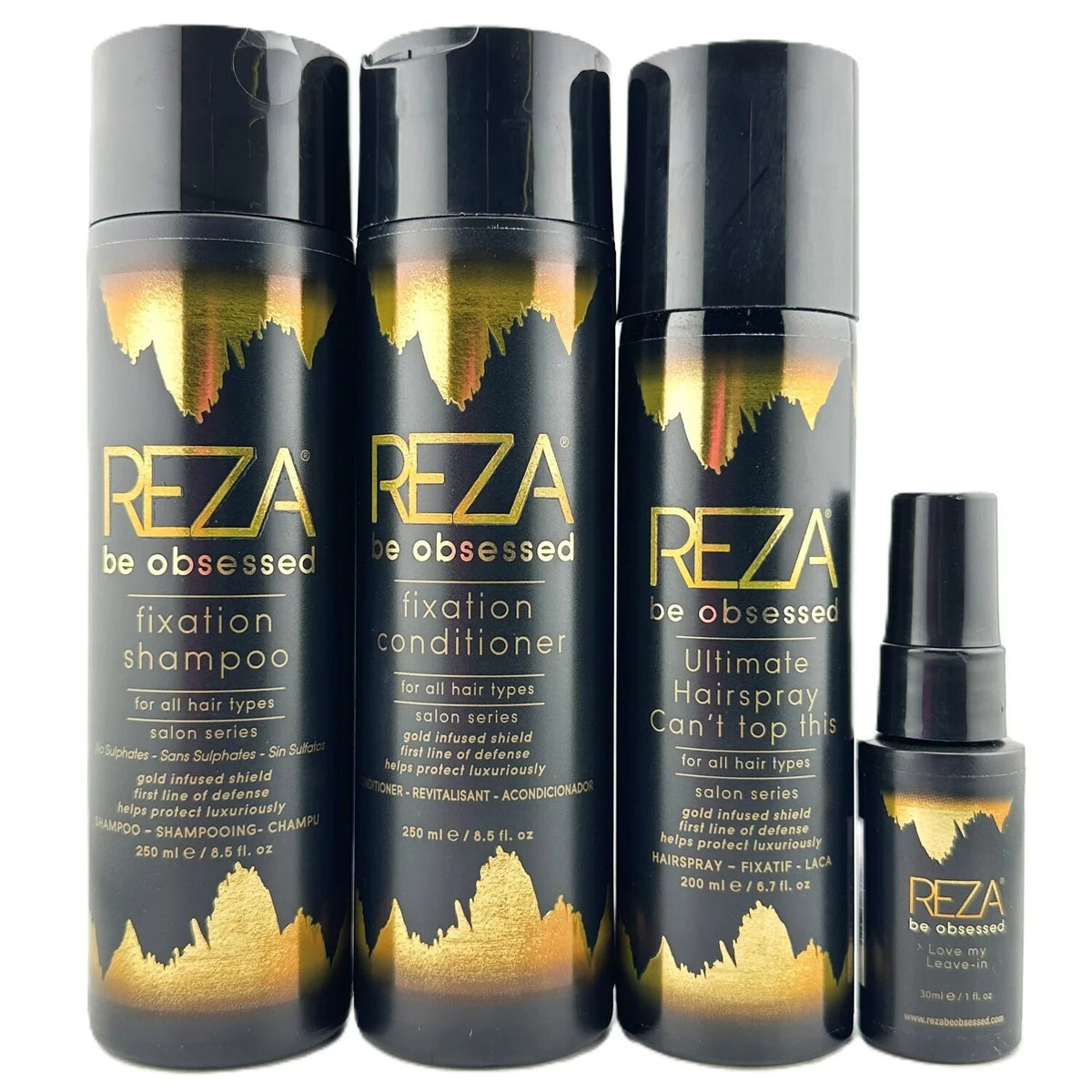 Reza Be Obsessed Fixation Hair Care Set - Shampoo, Conditioner, Hairspray & Leave-In