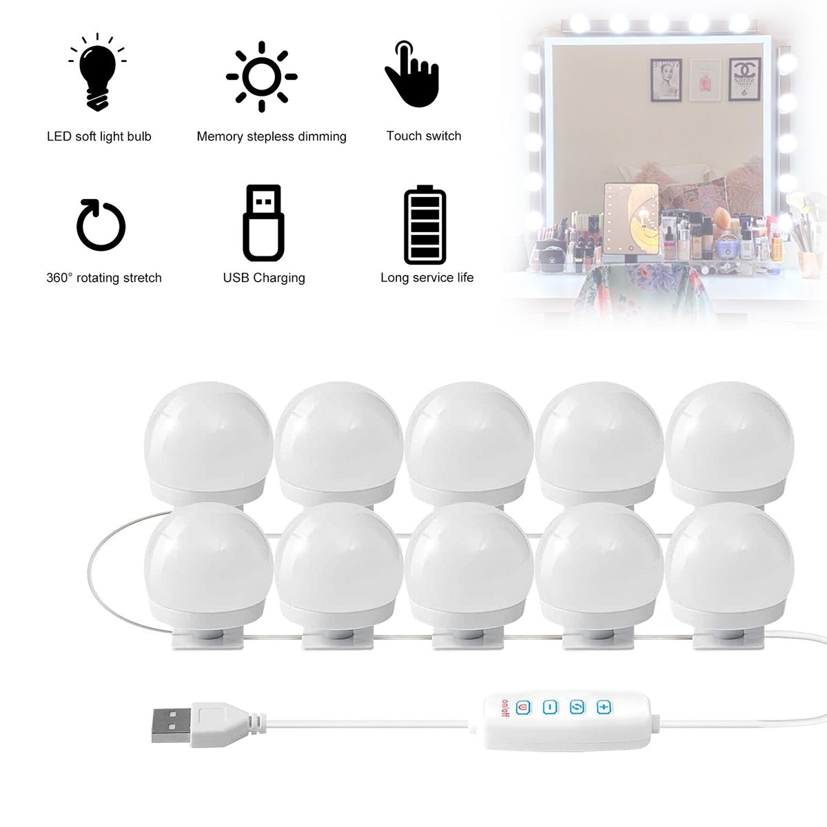 Dimmable LED Vanity Lights for Mirror - Hollywood Style with 10 Bulbs