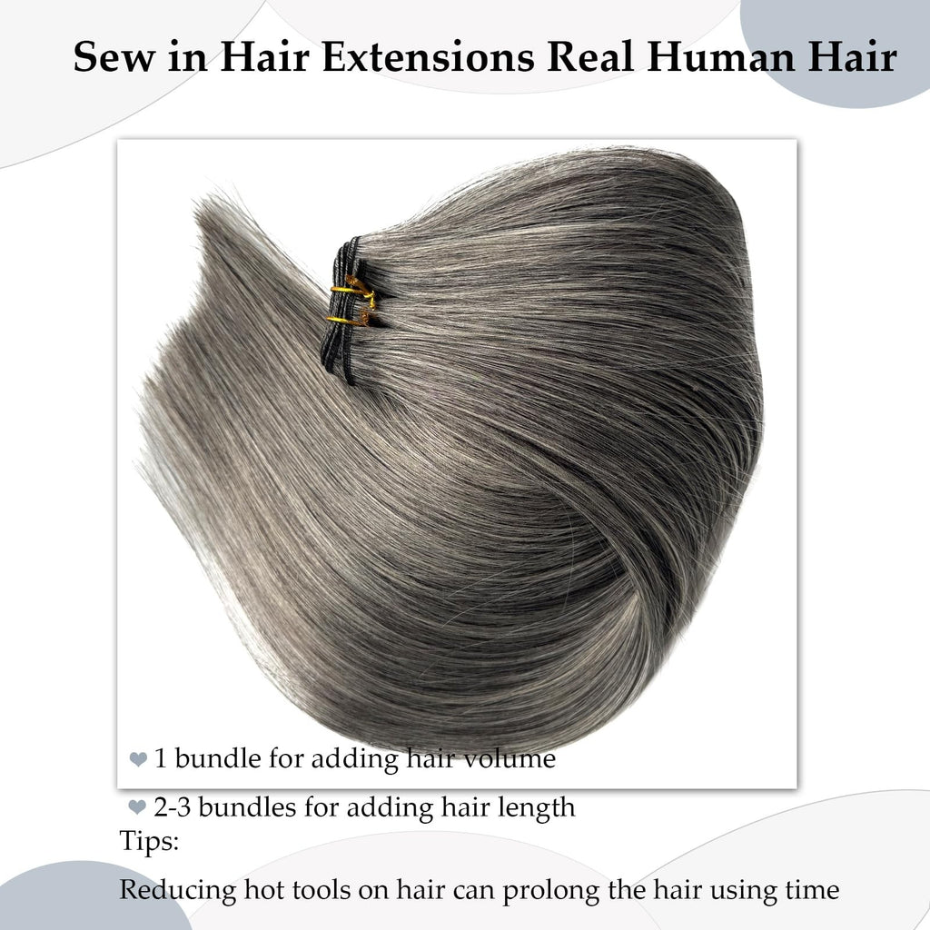 Grey Salt & Pepper Remy Human Hair Wefts 16 Inch Sew-In Extensions