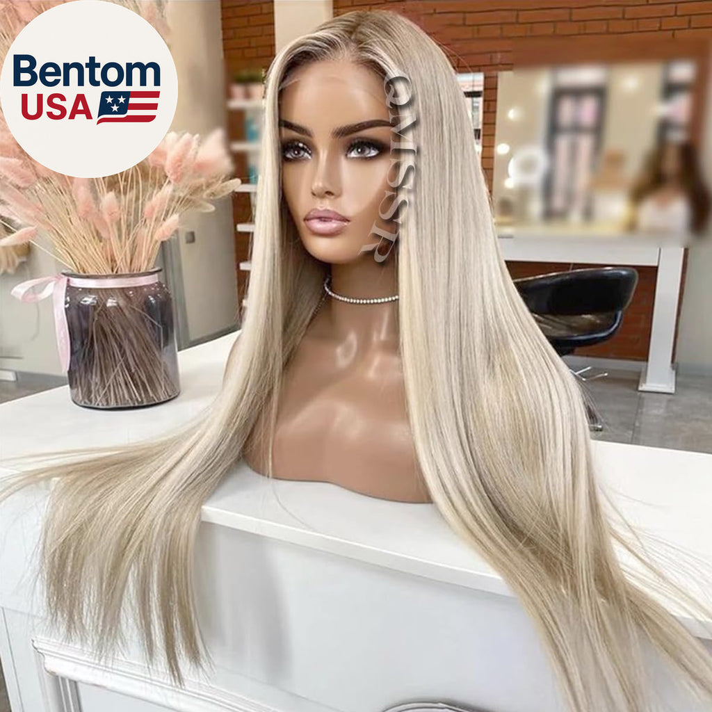 Ash Blonde Synthetic Lace Front Wig Long Straight Heat-Resistant Fiber Hair Ombre