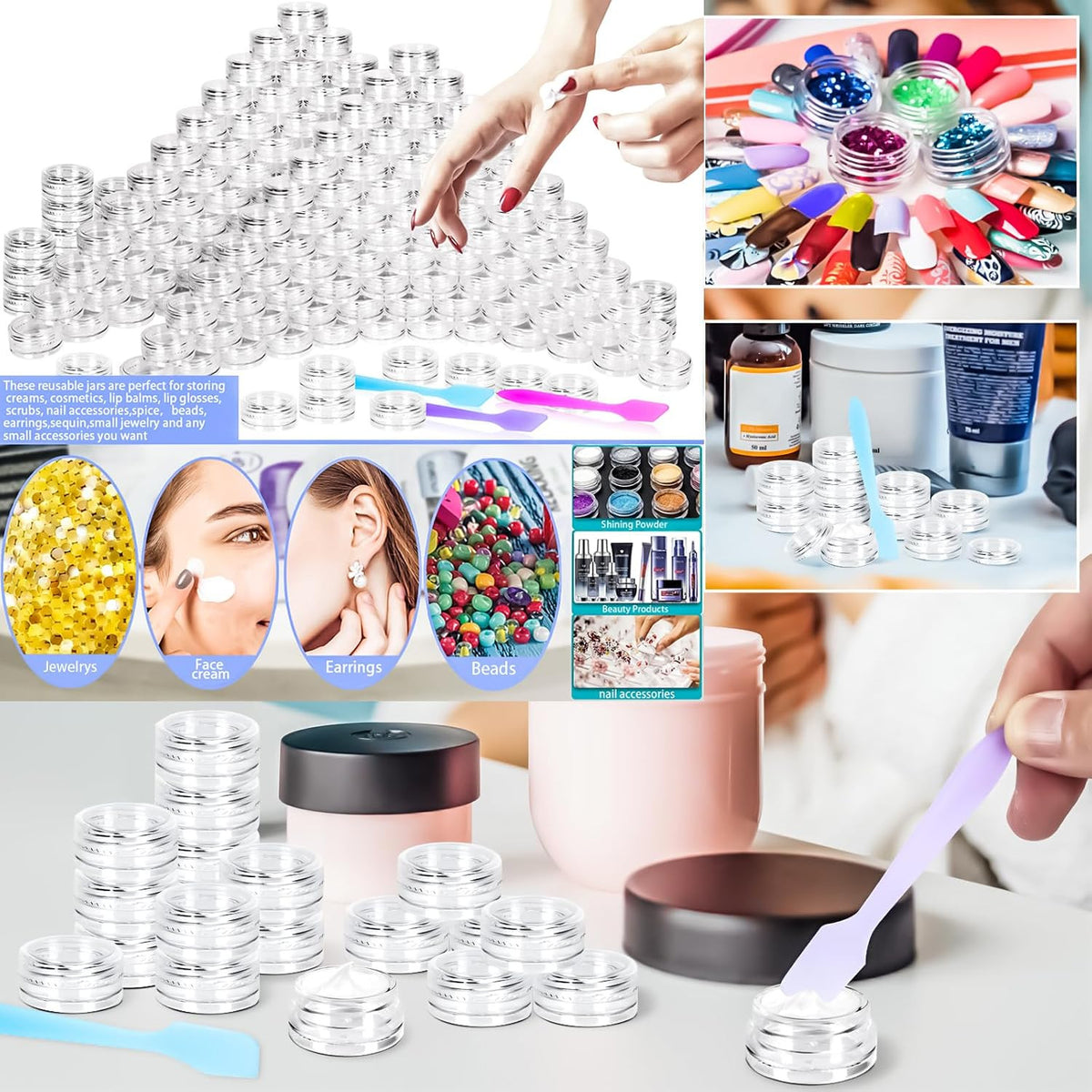 100 Pcs 3G Reusable Plastic Cosmetic Sample Jars with Lids & Spatulas