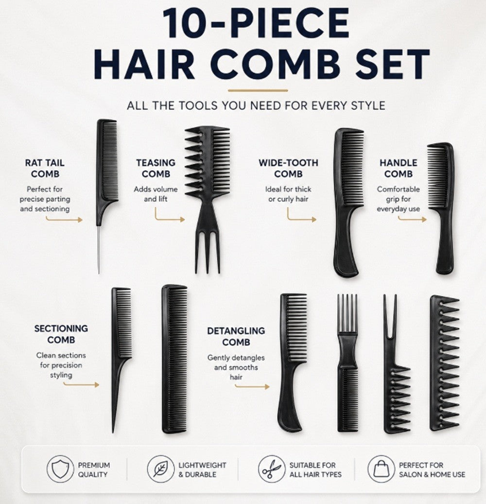 10 Pack Hair Styling Comb Set for Men Women Barber & Salon Use