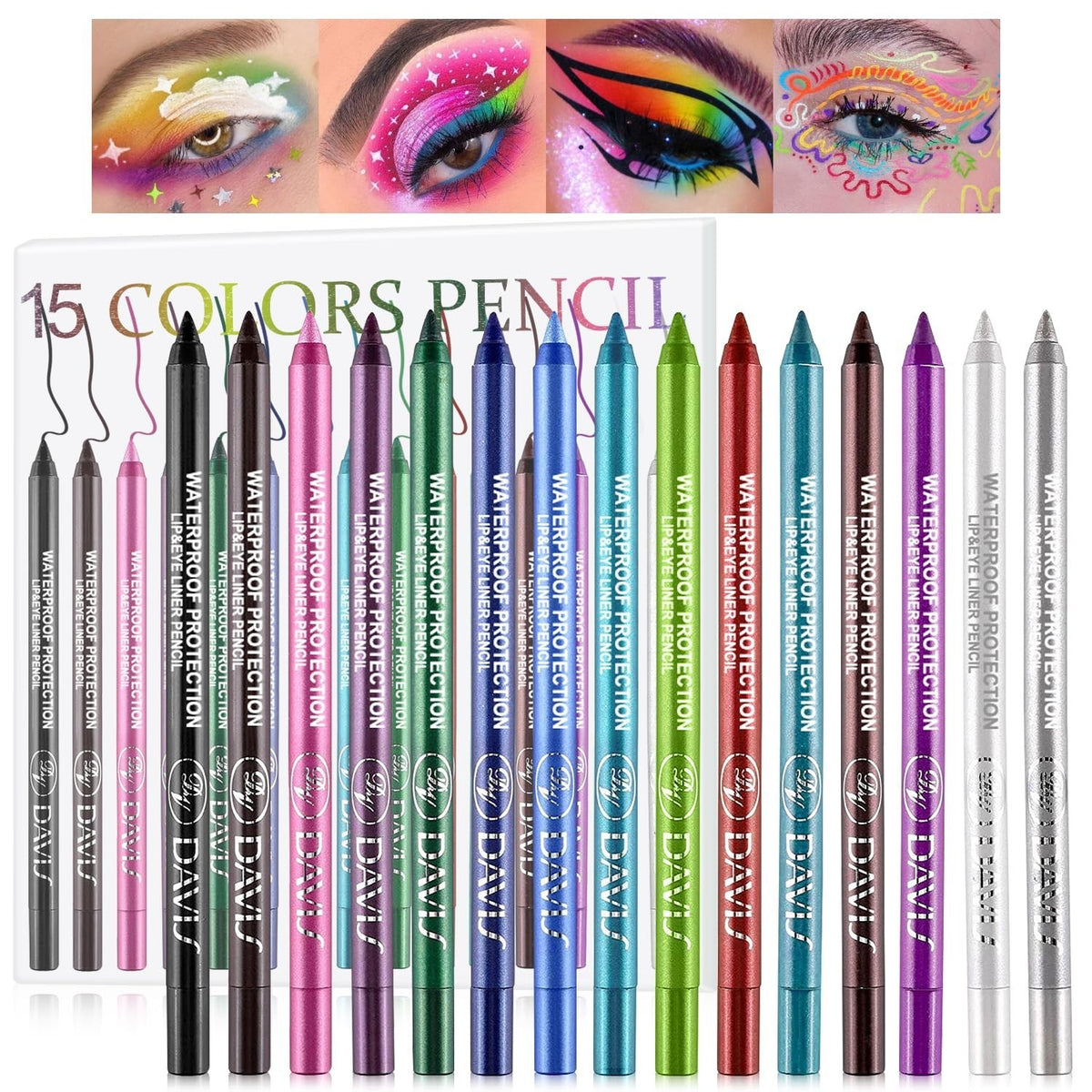 15 Color Waterproof Gel Eyeliner Pencil Set - Matte, Shimmer, Metallic Make-up
