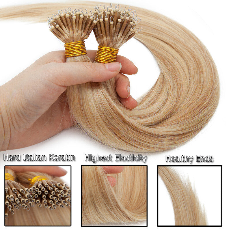 Thick 150PCS Remy Human Hair Extensions Nano Ring Beads Micro Loop 14-24 Inch