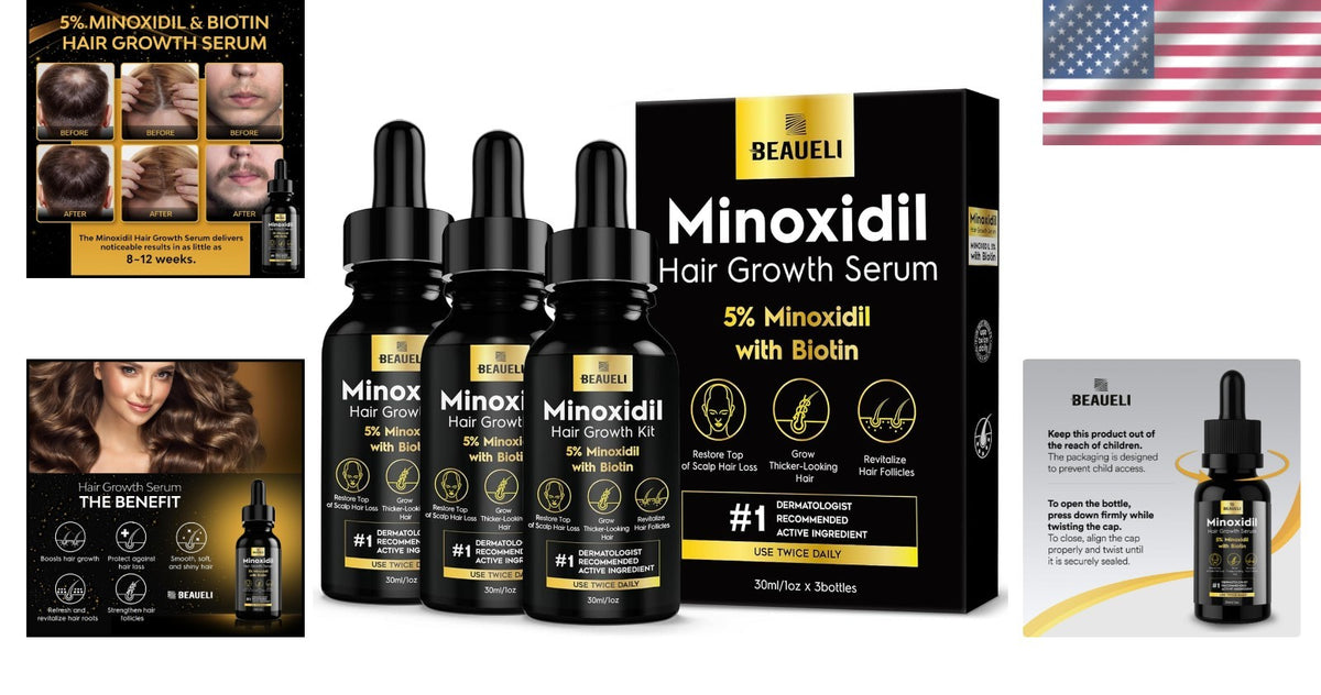 Minoxidil Hair & Beard Growth Serum - Unscented, 3 Bottles 3oz