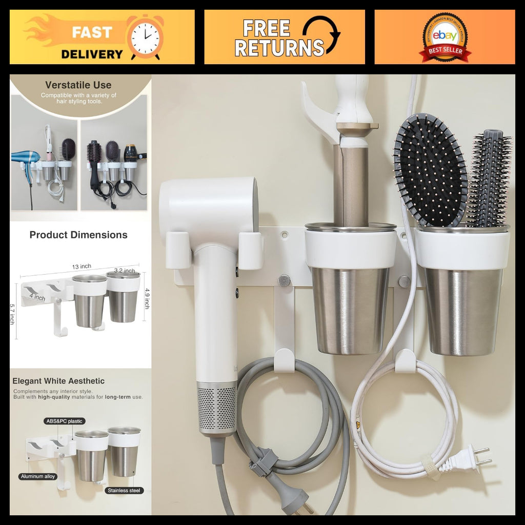 Wall Mount Hair Tool Organizer with Hooks and Stainless Steel Cup