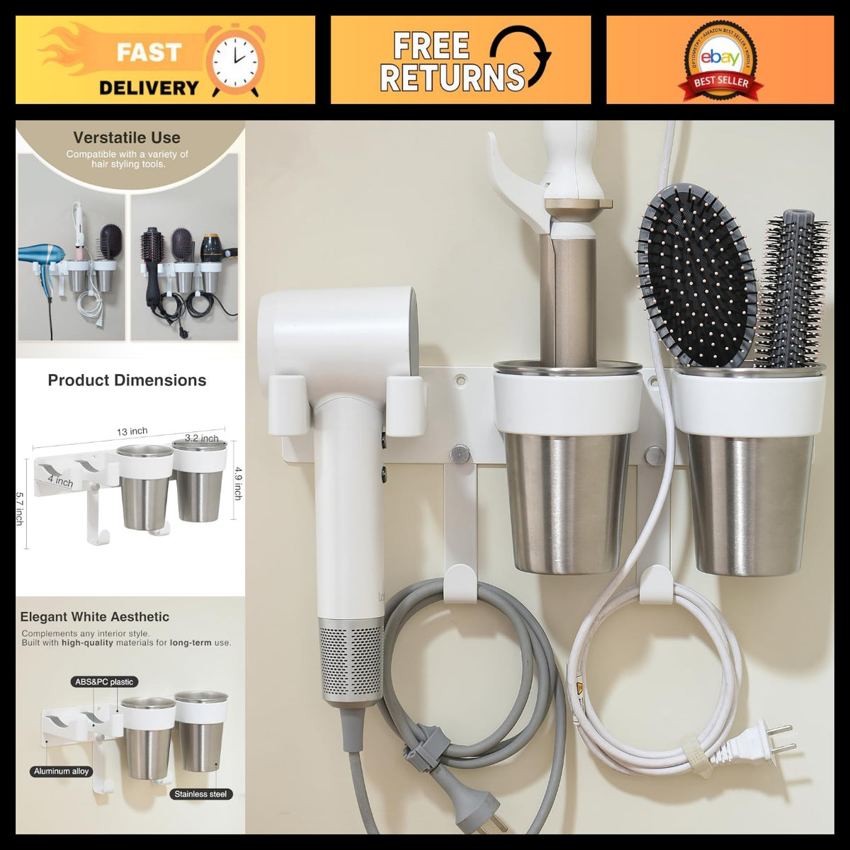 Wall Mount Hair Tool Organizer with Hooks and Stainless Steel Cup