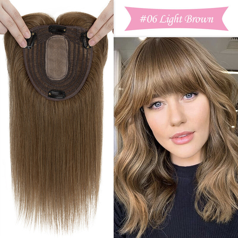Remy Human Hair Topper Clip-In Hairpiece with Silk Base and Bangs - Multiple Sizes & Colors