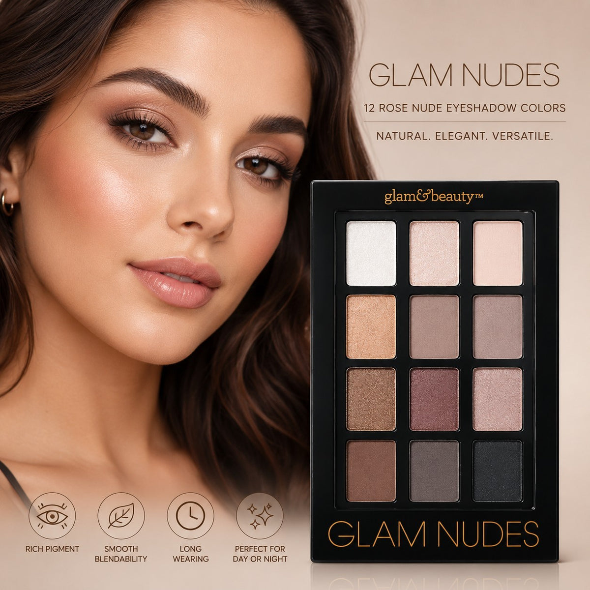 12-Color Rose Nude Eyeshadow Palette with Matte & Shimmer Finishes