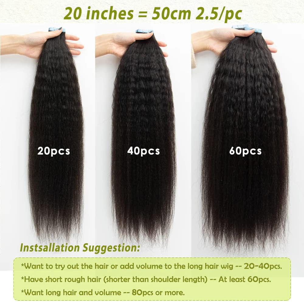 Human Hair Tape-In Extensions Kinky Straight Black for Women - 20 Inch