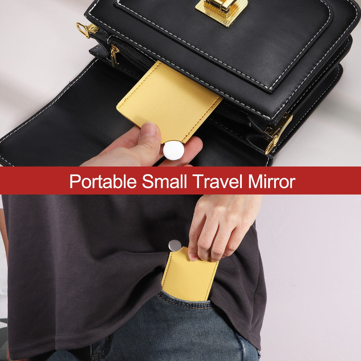 Portable Pocket Mirror with Stainless Steel Frame and Leather Cover