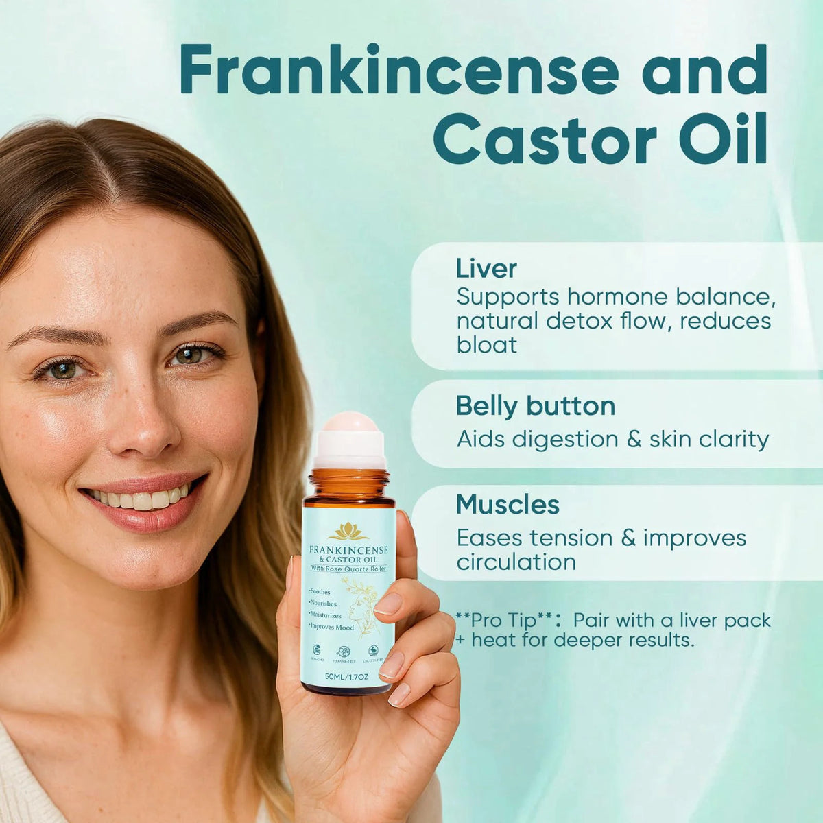 Organic Castor Oil with Rose Quartz Roller for Skin & Hair Care