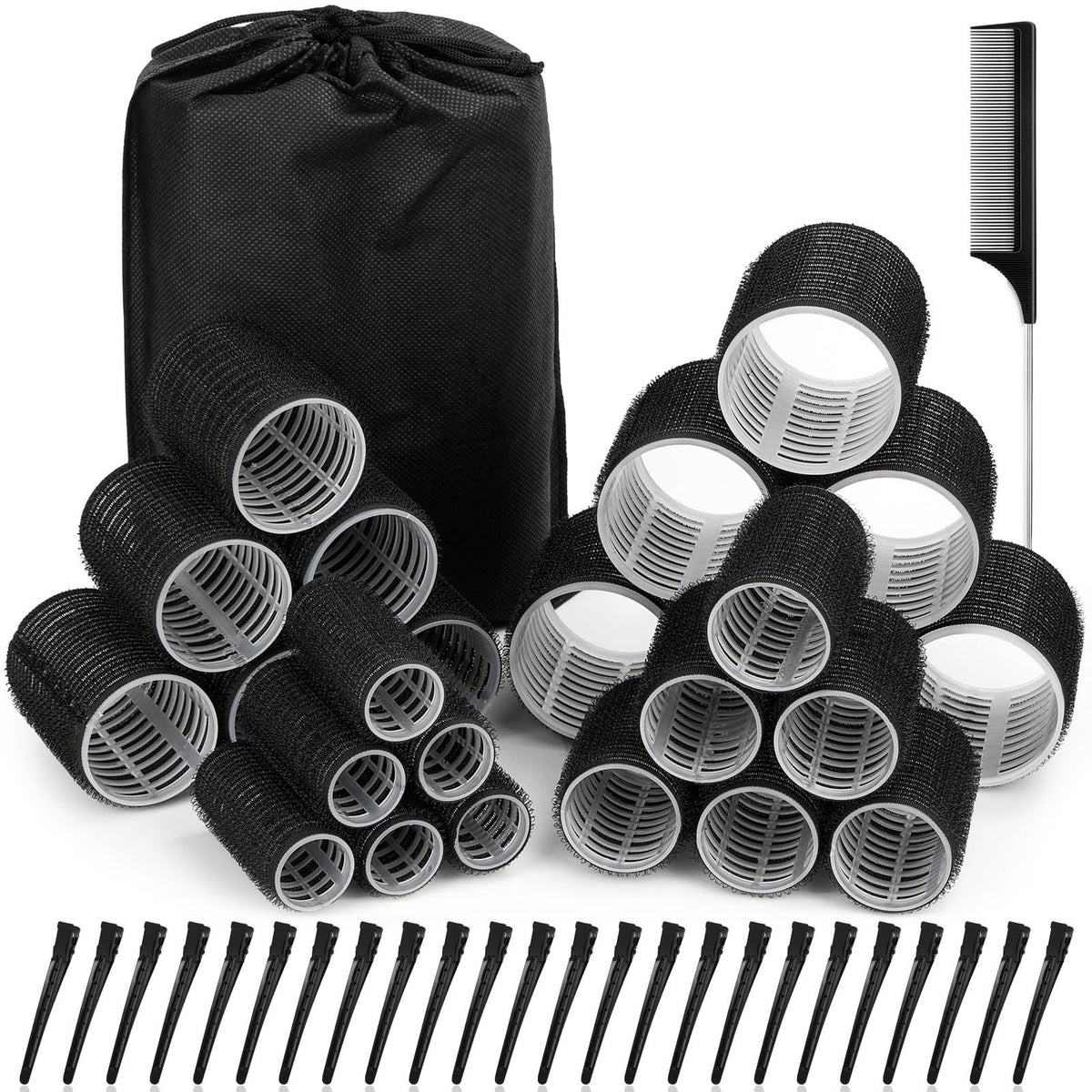 Hair Curlers Set with 24 Self-Grip Rollers & Clips for Voluminous Waves
