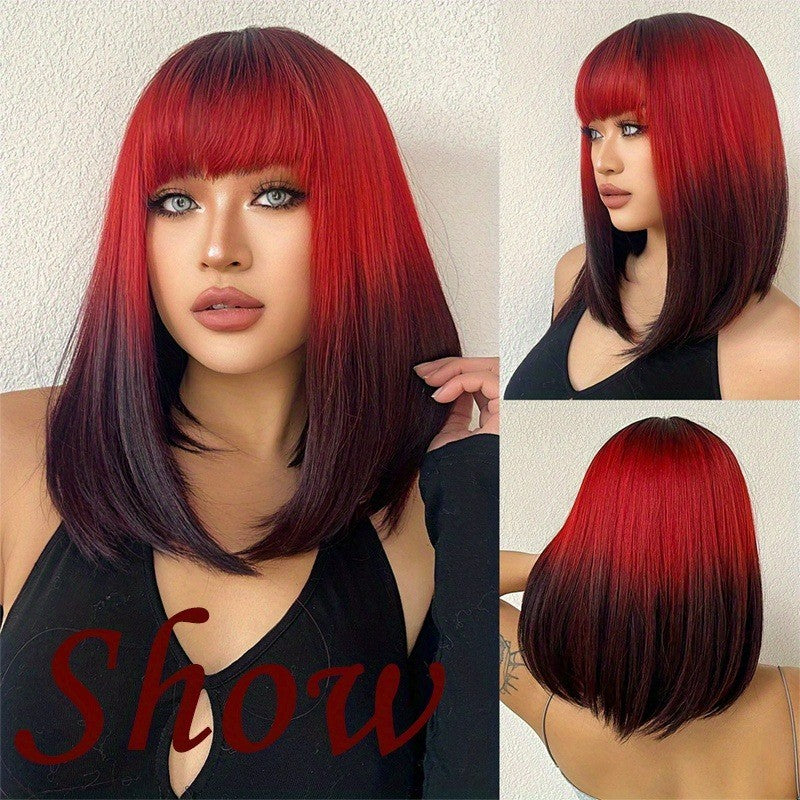 14in Ombre Red Black Synthetic Wig with Bangs for Cosplay & Daily Wear