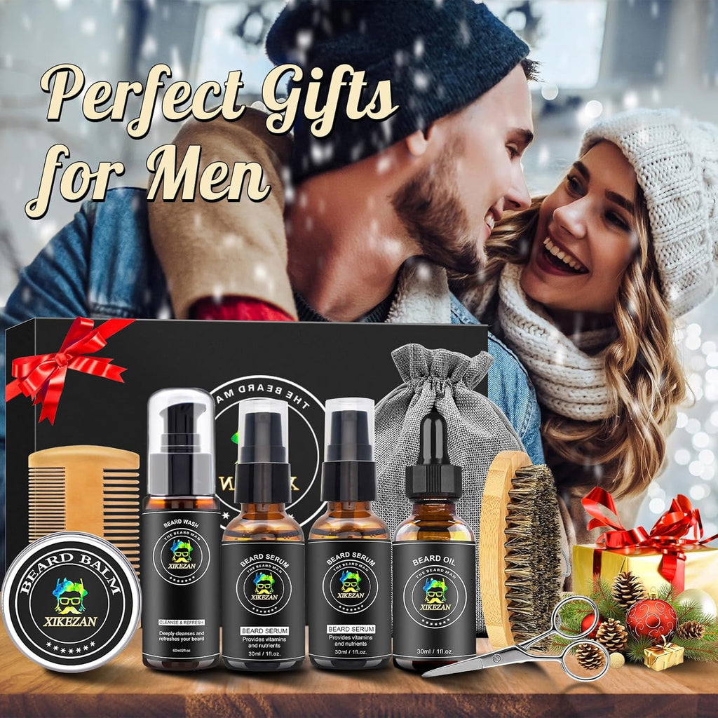 Men's Beard Grooming Kit with Serum Oil Balm & Tools - Complete Care Set