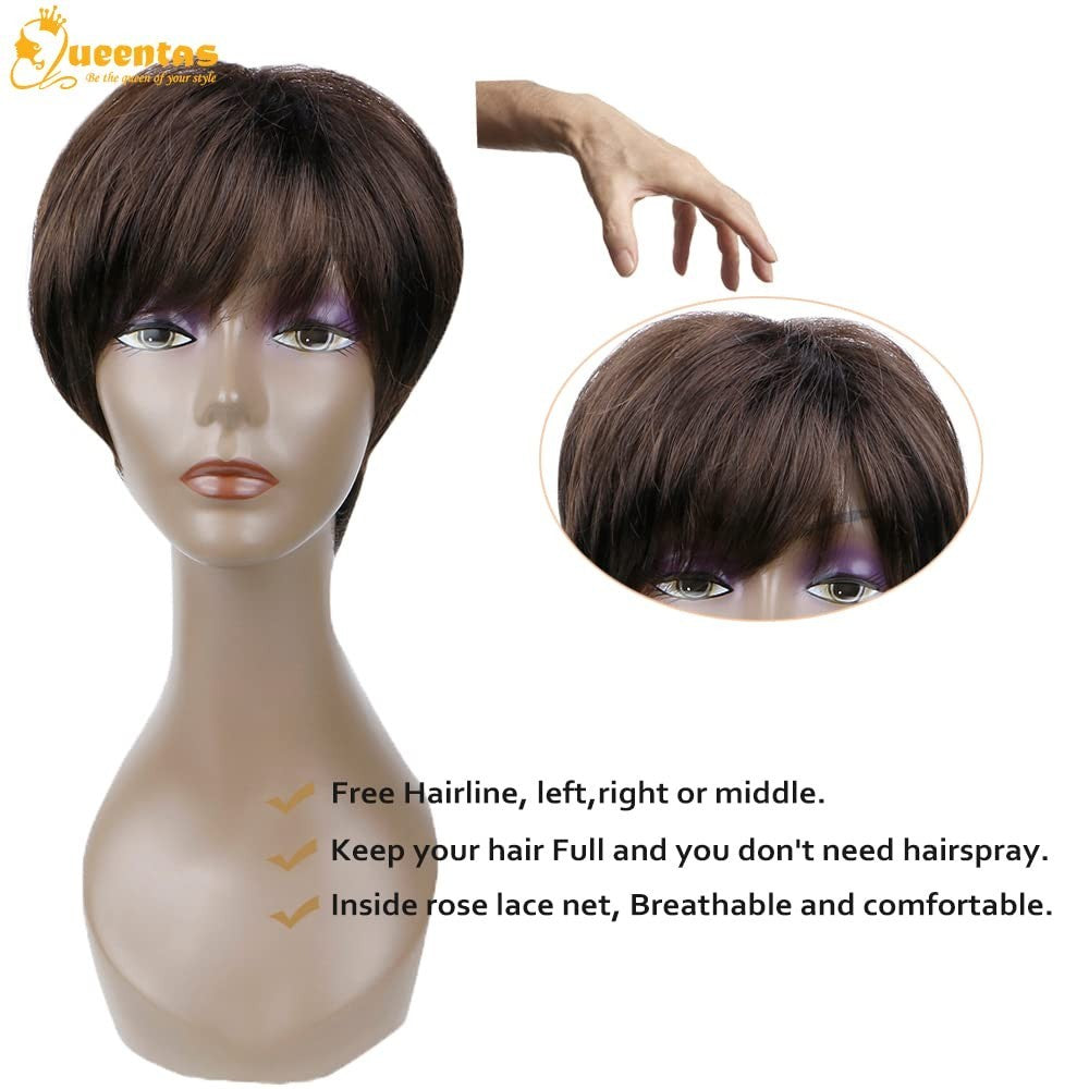 Brown Pixie Wig with Bangs - Natural Short Synthetic Hair for Daily Wear