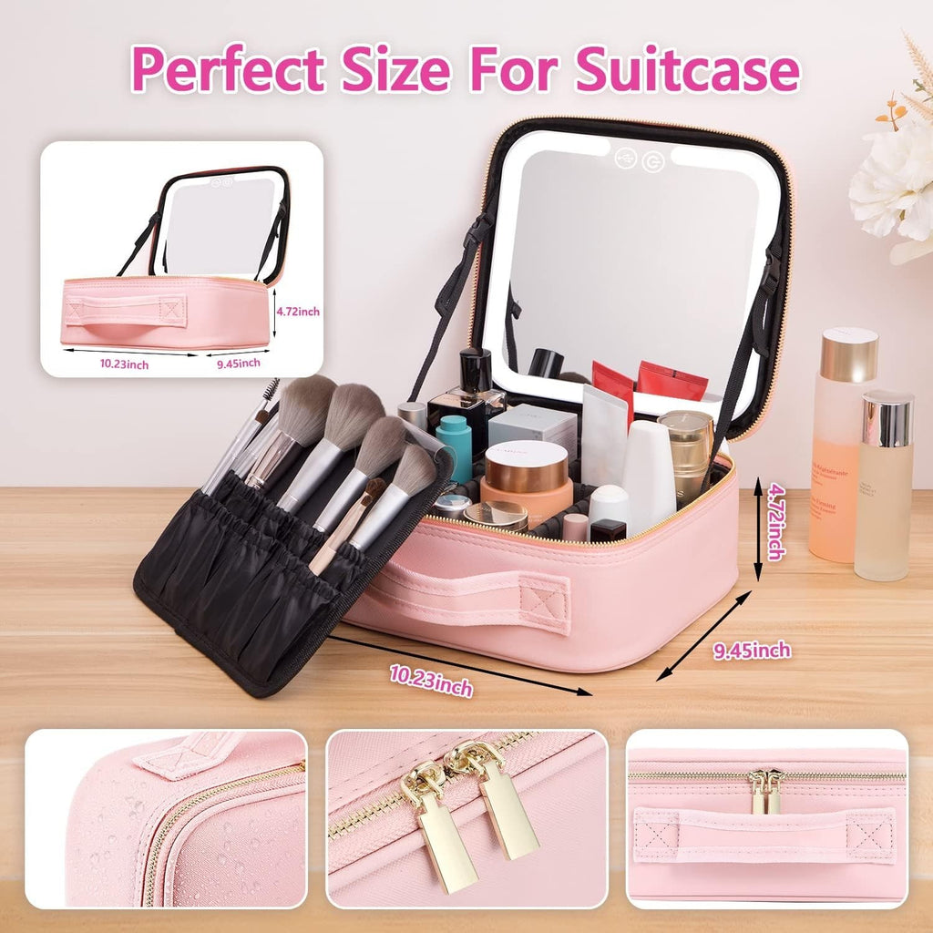 Travel Makeup Bag with LED Lighted Mirror and Adjustable Compartments