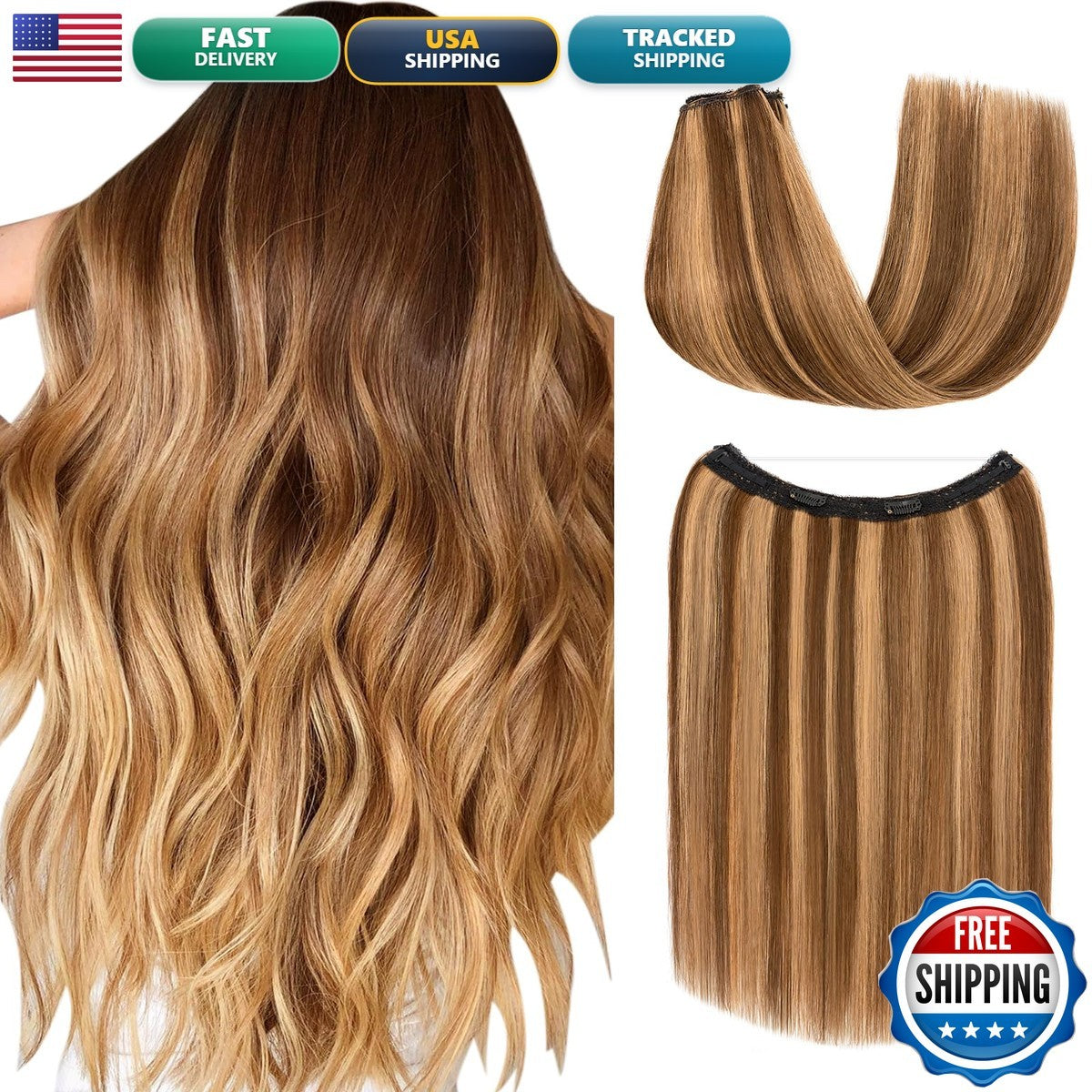 Wire Hair Extensions 16 Inch Medium Brown Dark Blonde Human Hair Voluminous Length