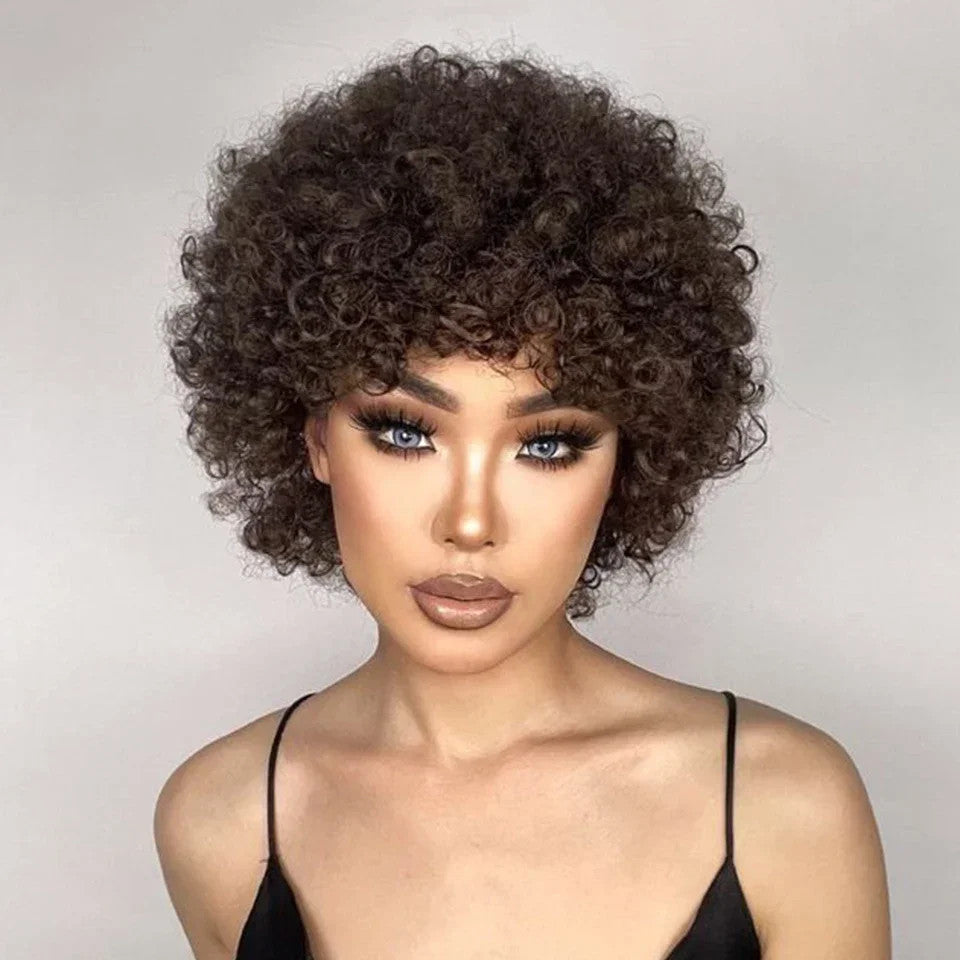 Brazilian Afro Puff Pixie Bob Wig for Women - Natural Brown Human Hair