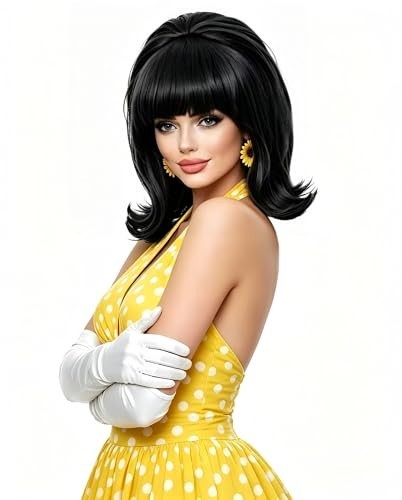 Short Black Wig with Bangs - Retro 80s Bouffant Beehive for Costumes & Halloween